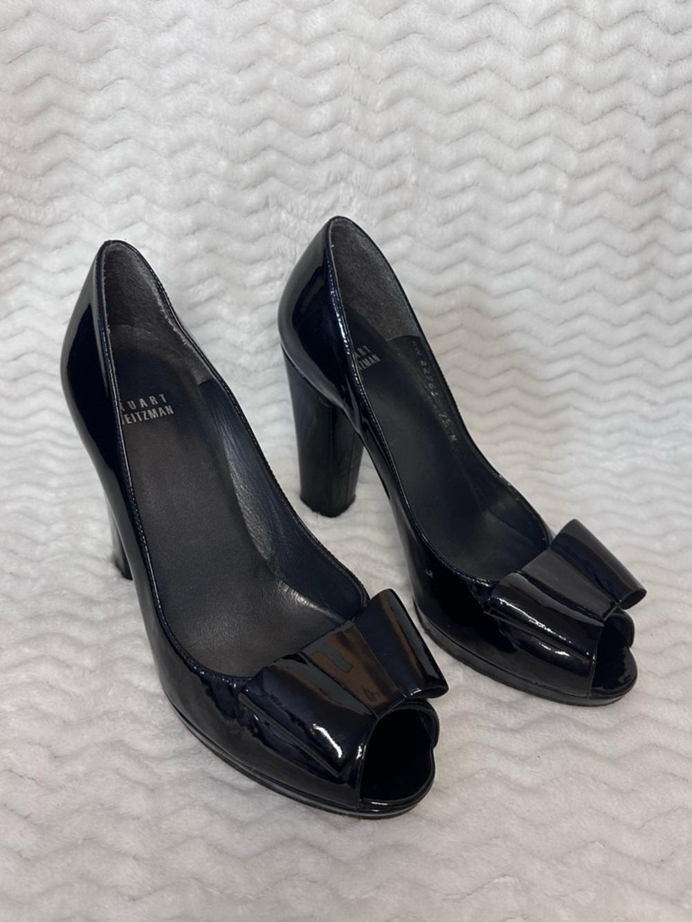 Stuart Weitzman Black Patent “Bowright” Peep-Toe Pumps